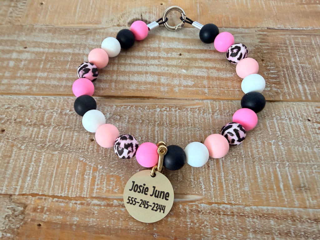 Bubblegum Cheetah Dog Bead Necklace with ID Tag
