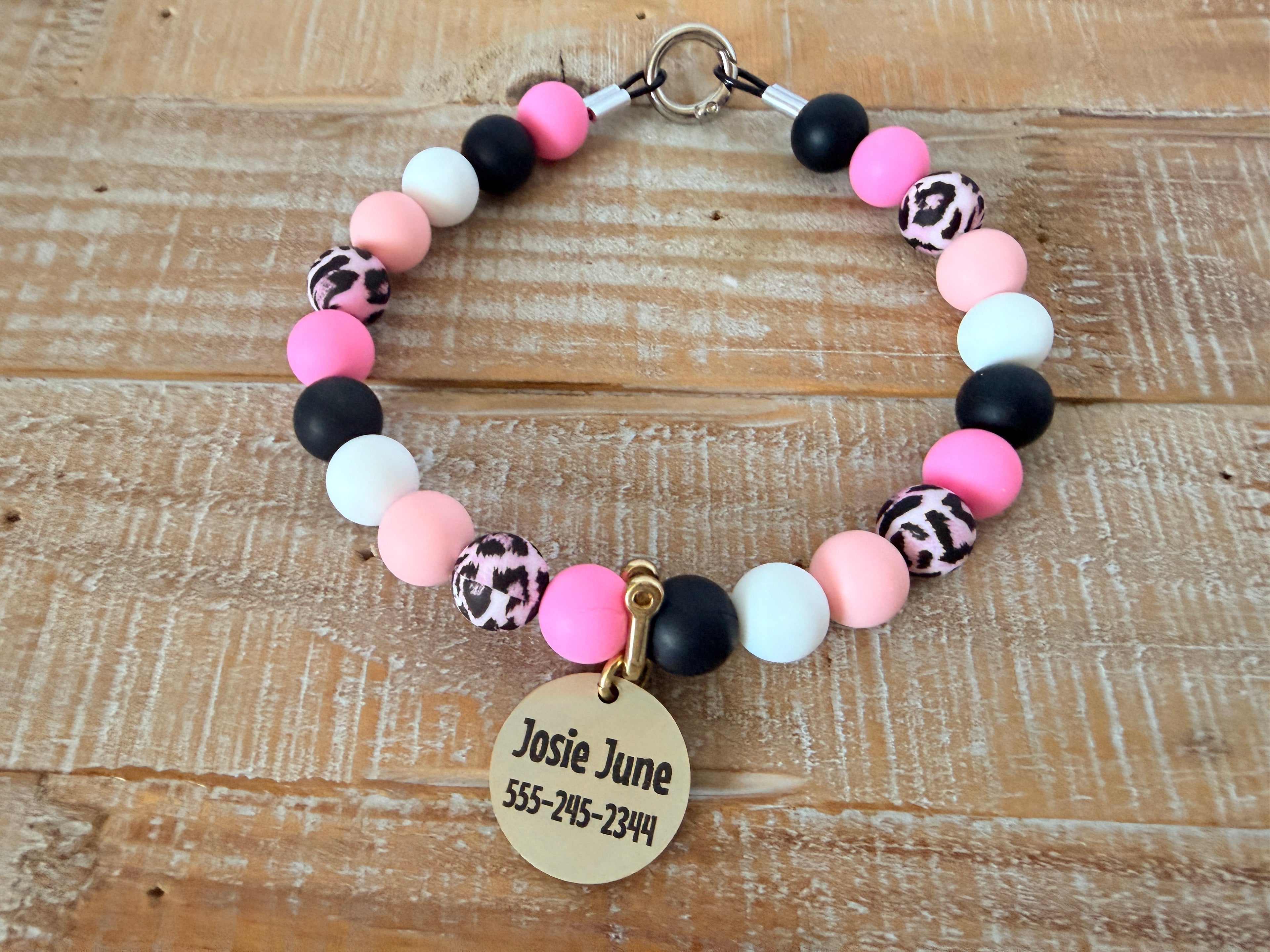 Bubblegum Cheetah Dog Bead Necklace with ID Tag
