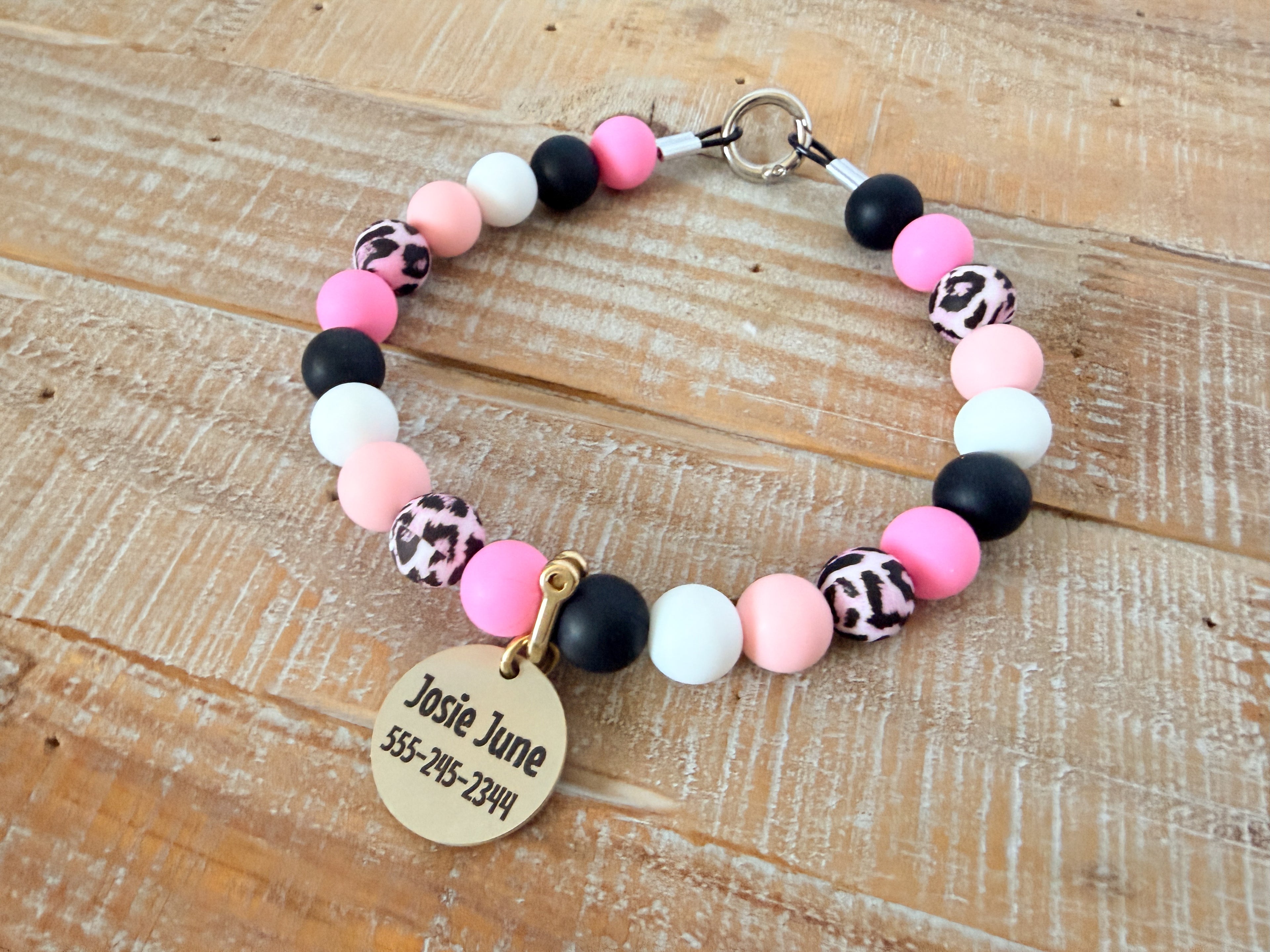Bubblegum Cheetah Dog Bead Necklace with ID Tag
