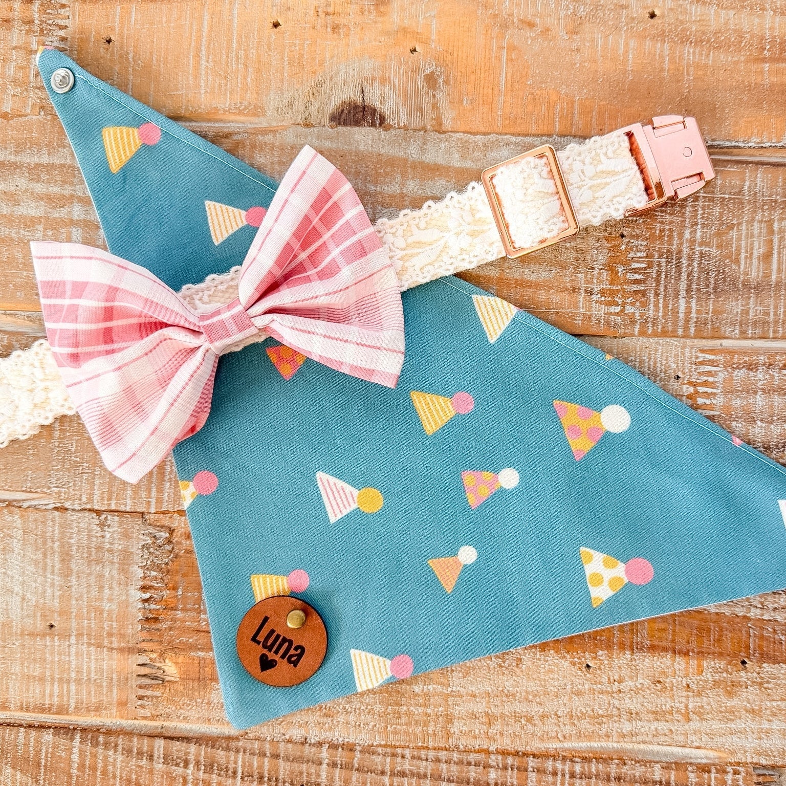Birthday Hats Personalized Pet Bandana with Leather Name Tag