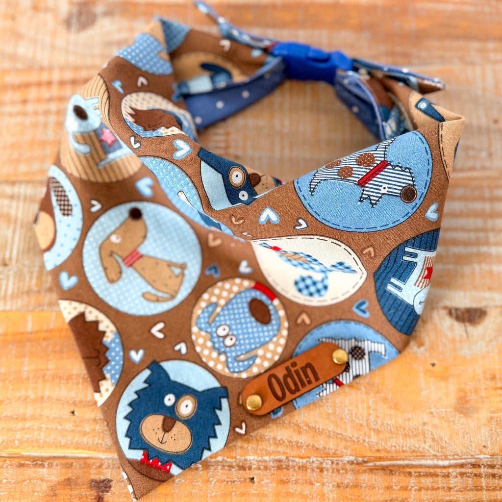 Happy Dog Personalized Pet Bandana with Leather Name Tag - Buckle Closure