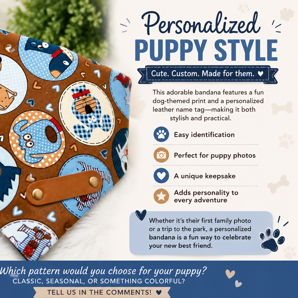 Happy Dog Personalized Pet Bandana with Leather Name Tag - Buckle Closure