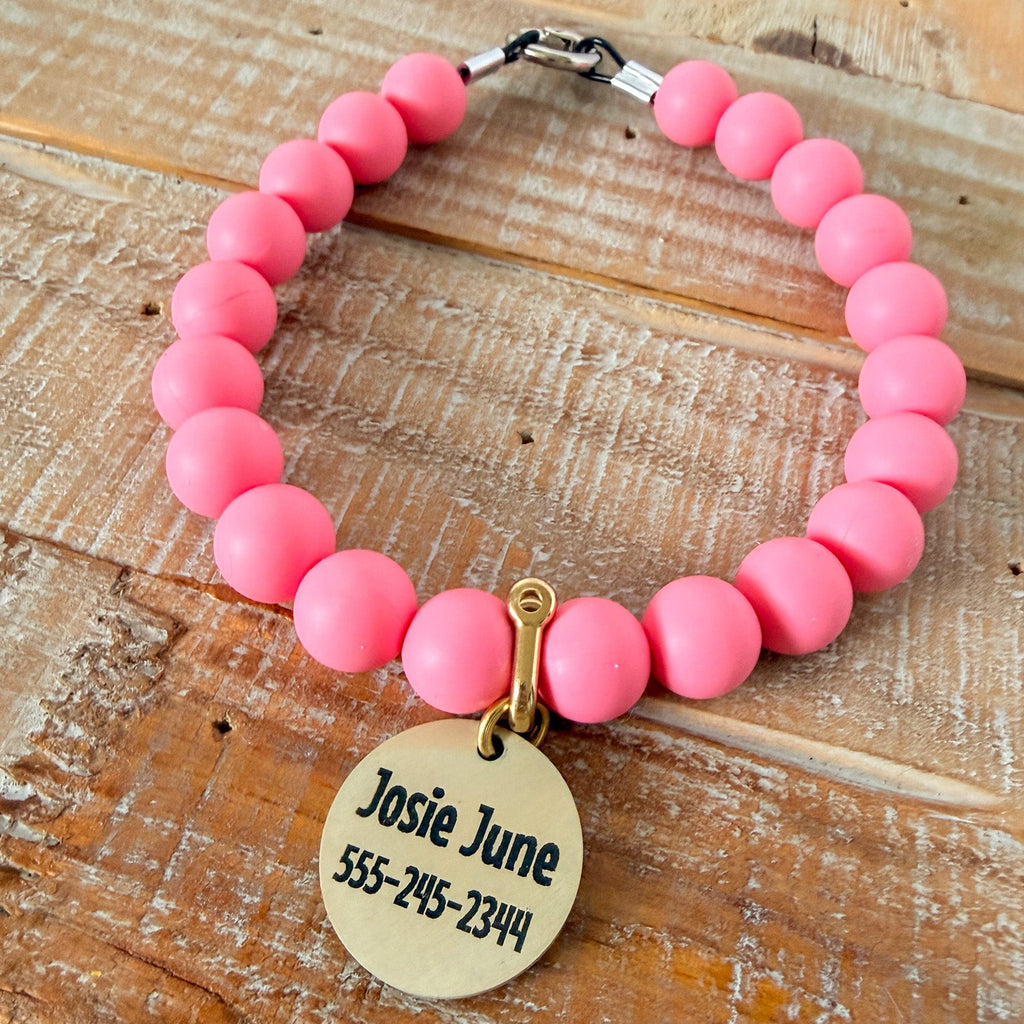 Bright Pink Dog Bead Necklace- Personalized ID Tag