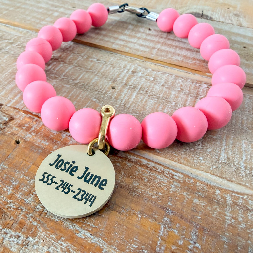 Bright Pink Dog Bead Necklace- Personalized ID Tag