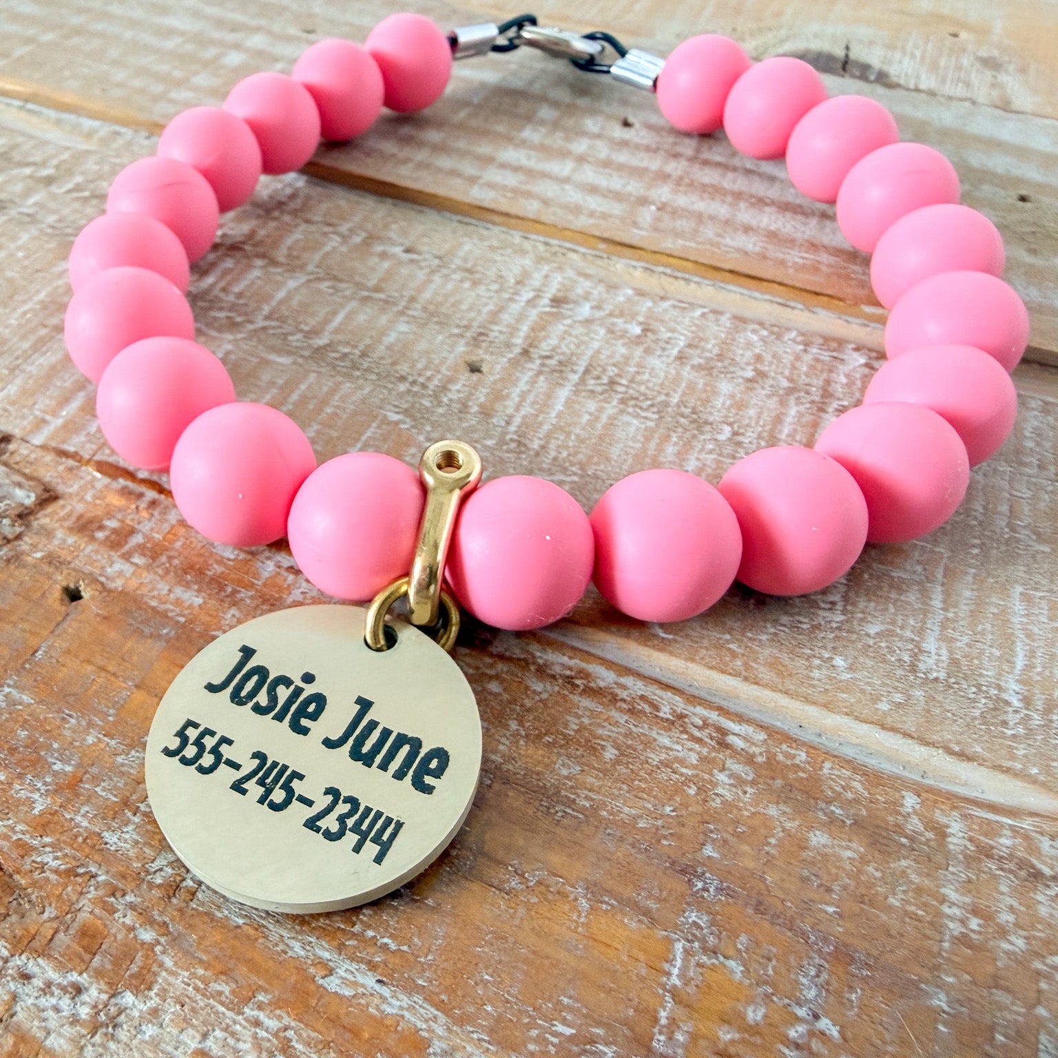 Bright Pink Dog Bead Necklace- Personalized ID Tag
