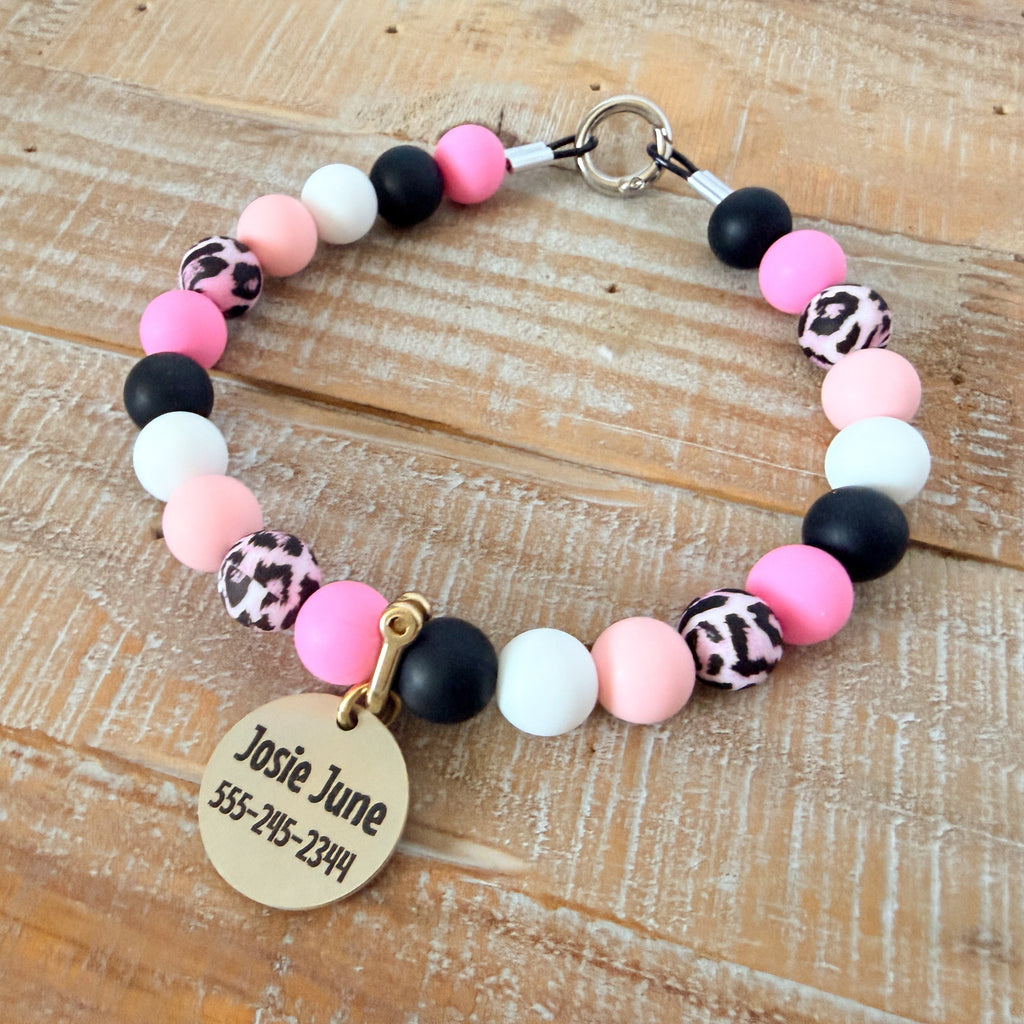 Bubblegum Cheetah Dog Bead Necklace with ID Tag