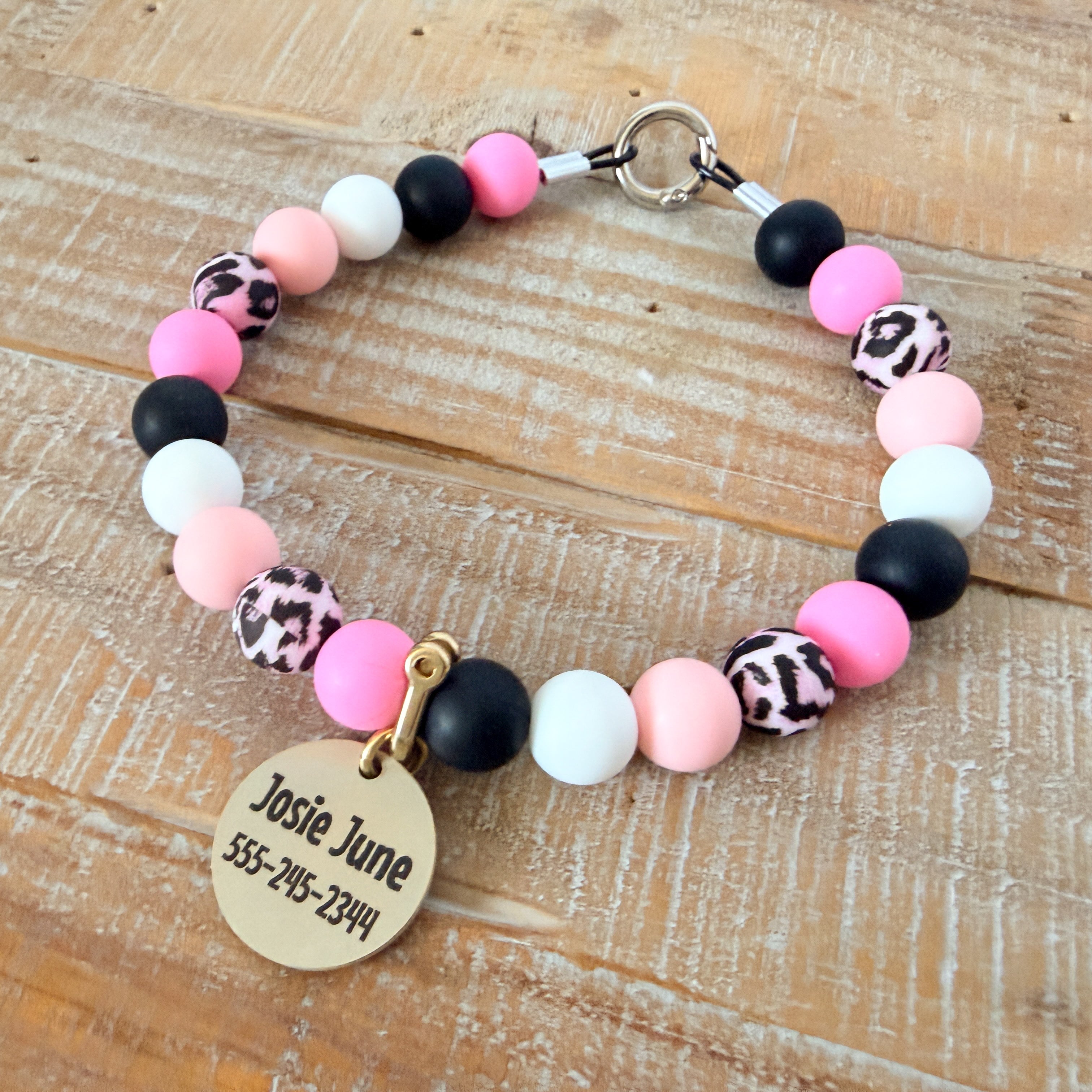 Bubblegum Cheetah Dog Bead Necklace with ID Tag