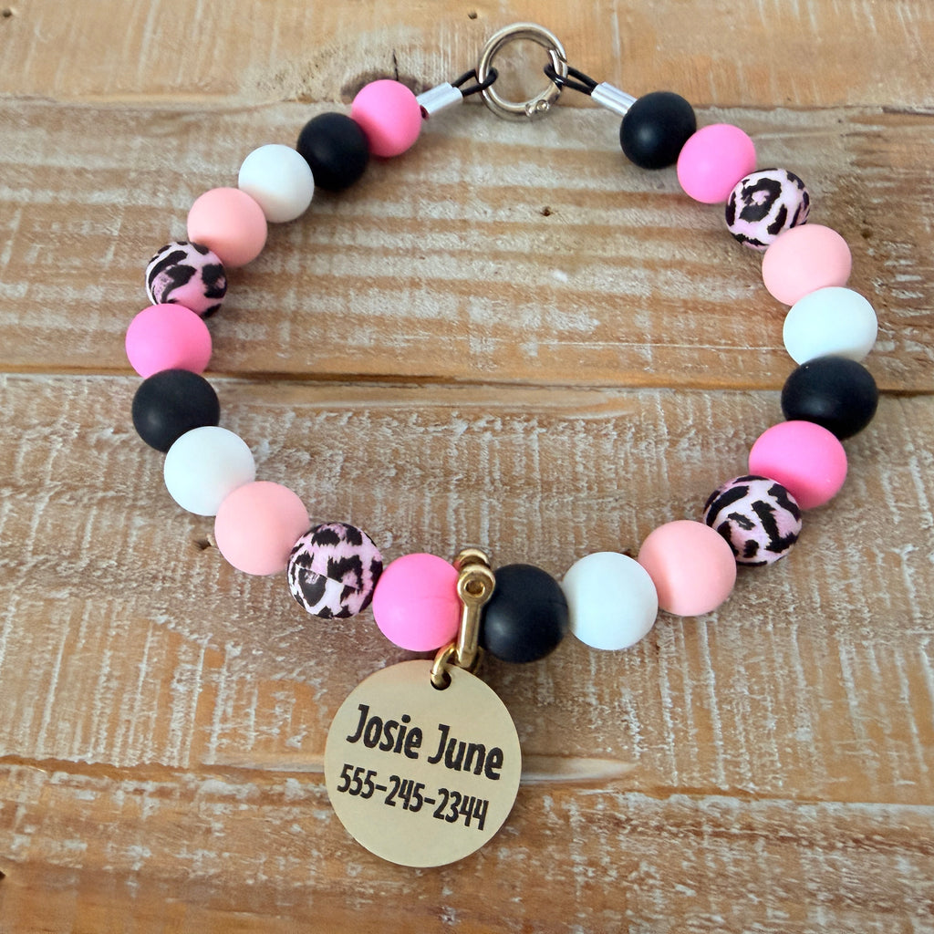 Bubblegum Cheetah Dog Bead Necklace with ID Tag