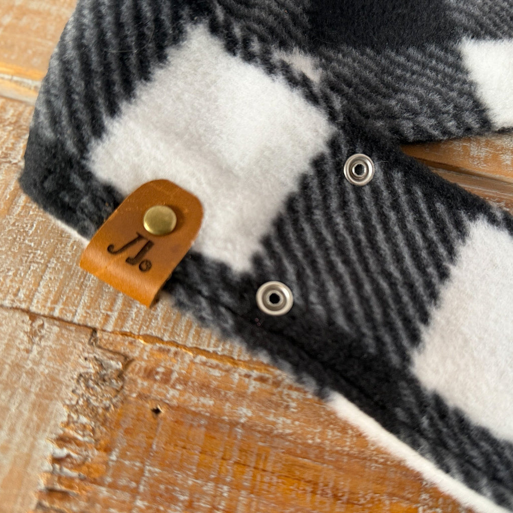 Black/White Buffalo Plaid Pet Scarf, dog fleece scarf with Snaps
