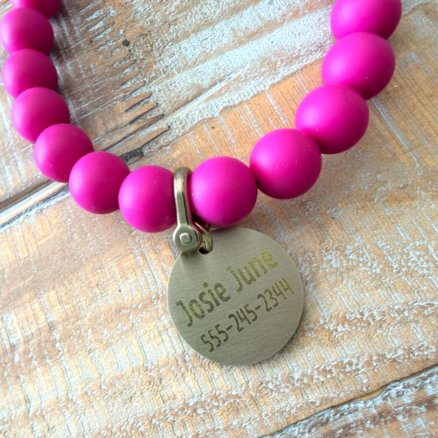Dark Pink Dog Bead Necklace- Personalized ID Tag