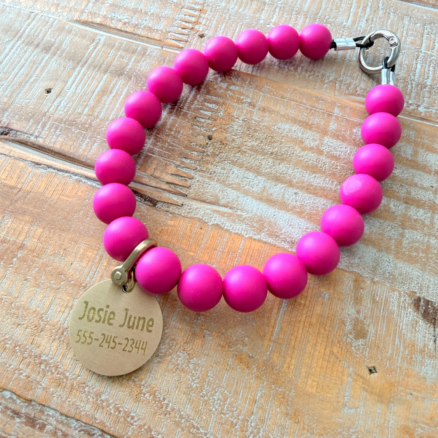 Dark Pink Dog Bead Necklace- Personalized ID Tag