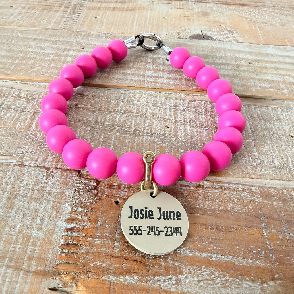 Dark Pink Dog Bead Necklace- Personalized ID Tag