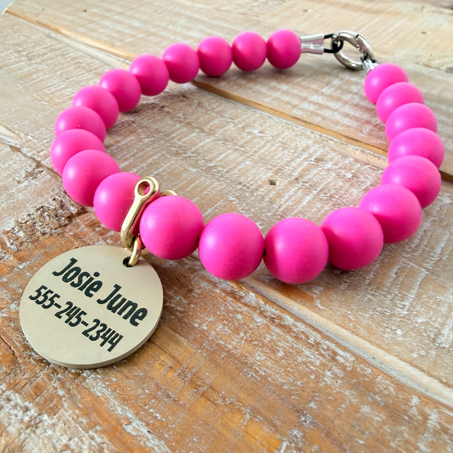 Dark Pink Dog Bead Necklace- Personalized ID Tag
