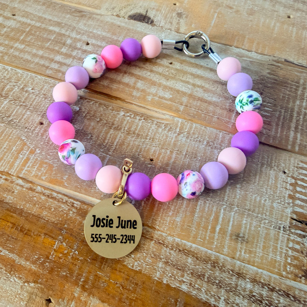 Flower Blossom Dog Bead Necklace with ID Tag