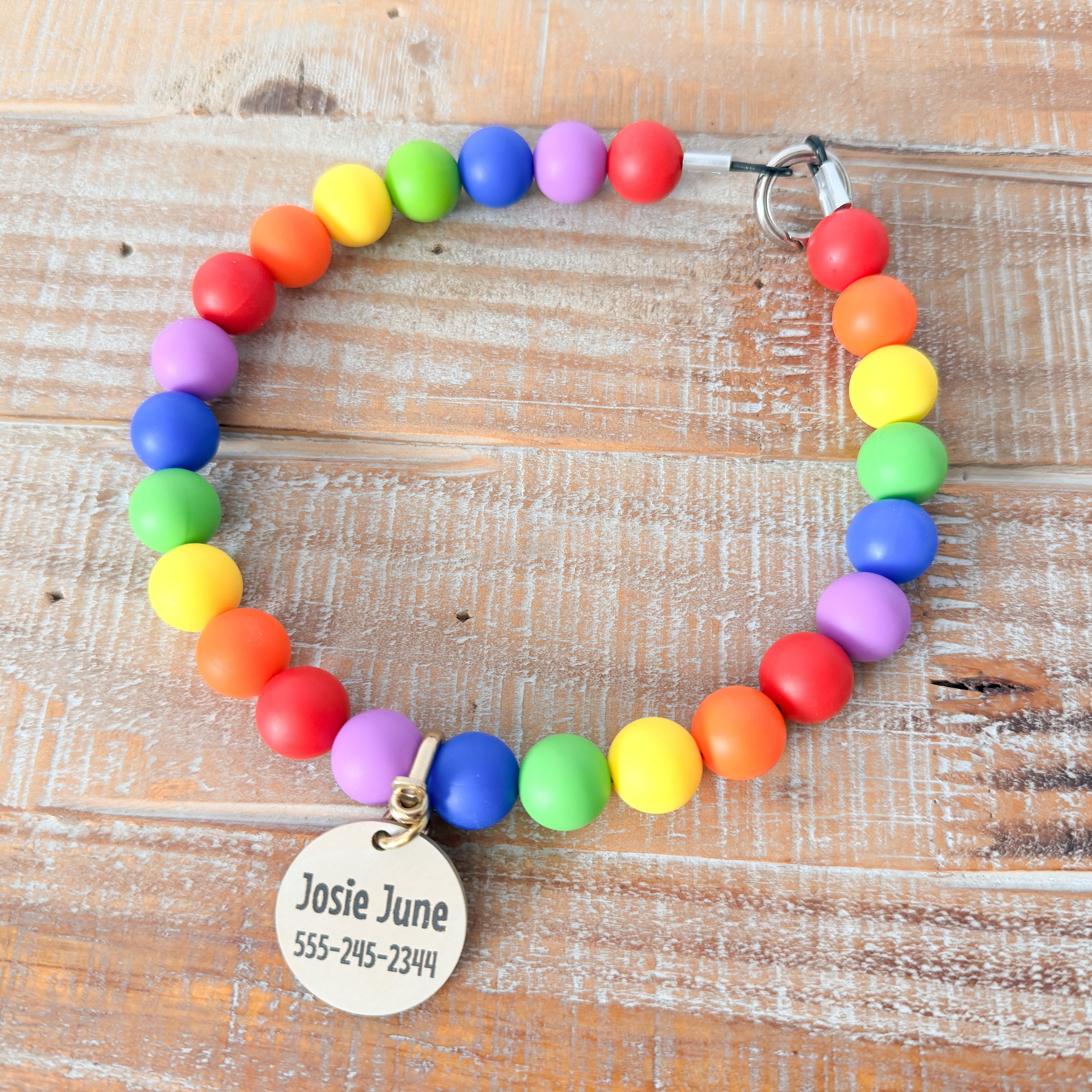 Bright Rainbow Dog Bead Necklace- Personalized ID Tag