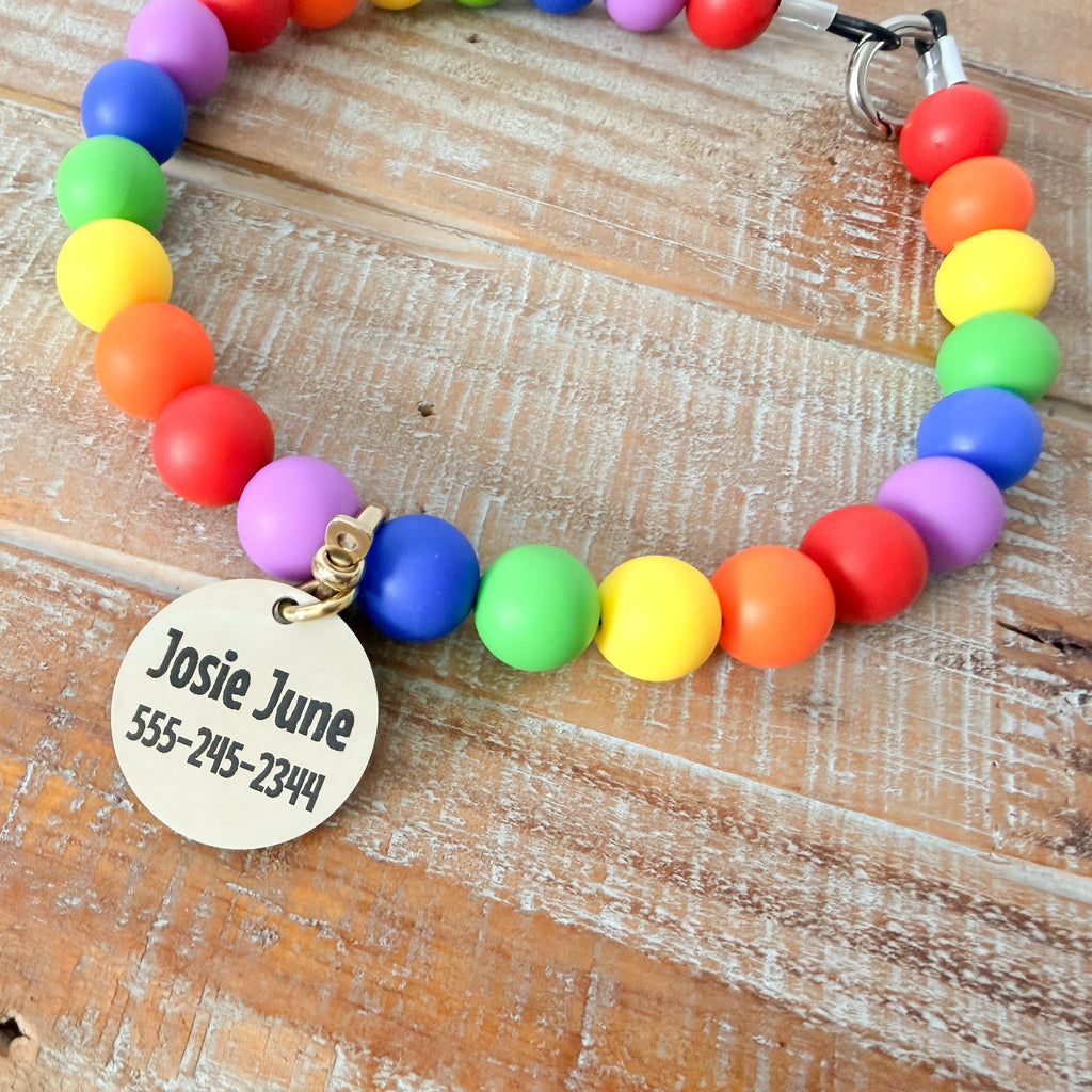 Bright Rainbow Dog Bead Necklace- Personalized ID Tag