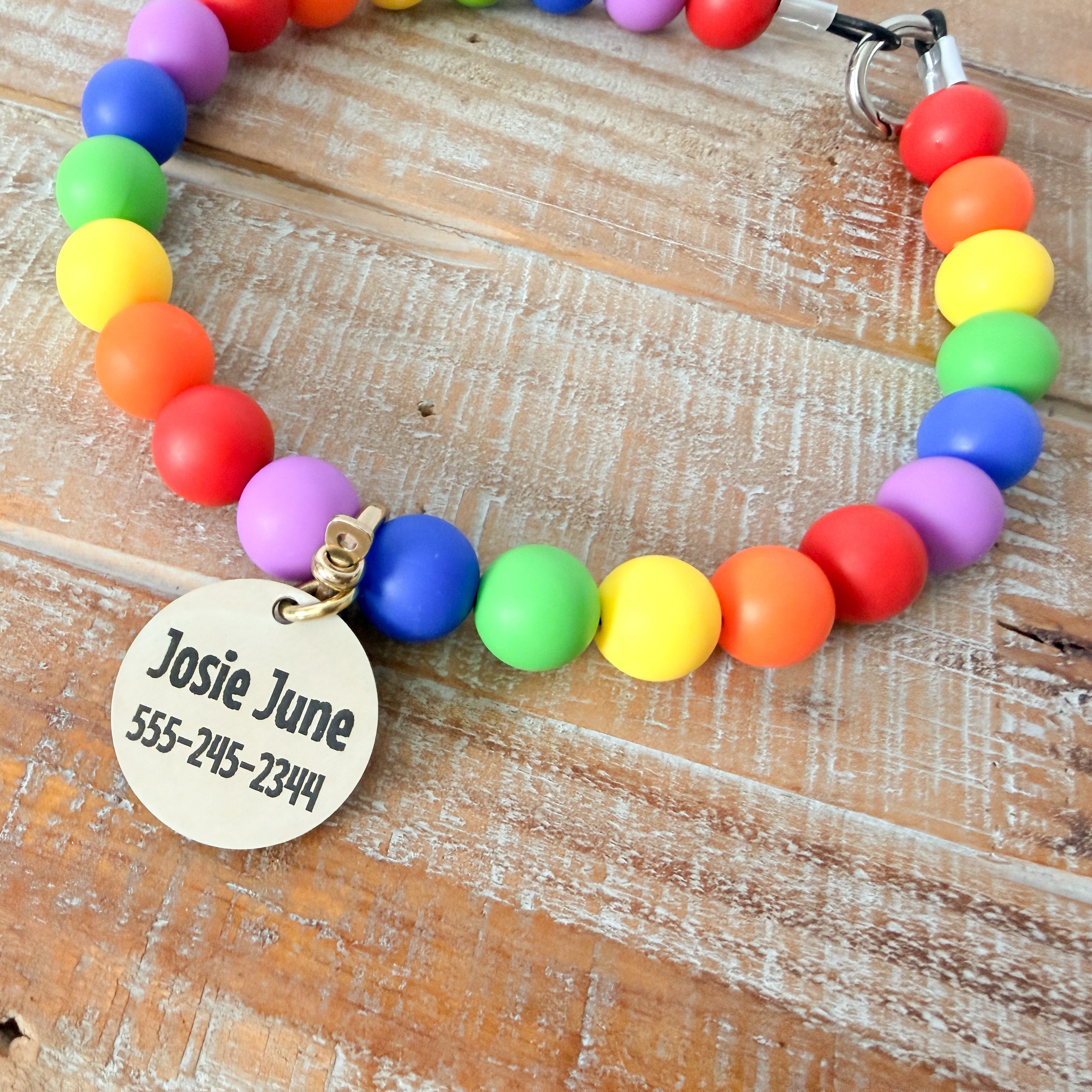 Bright Rainbow Dog Bead Necklace- Personalized ID Tag