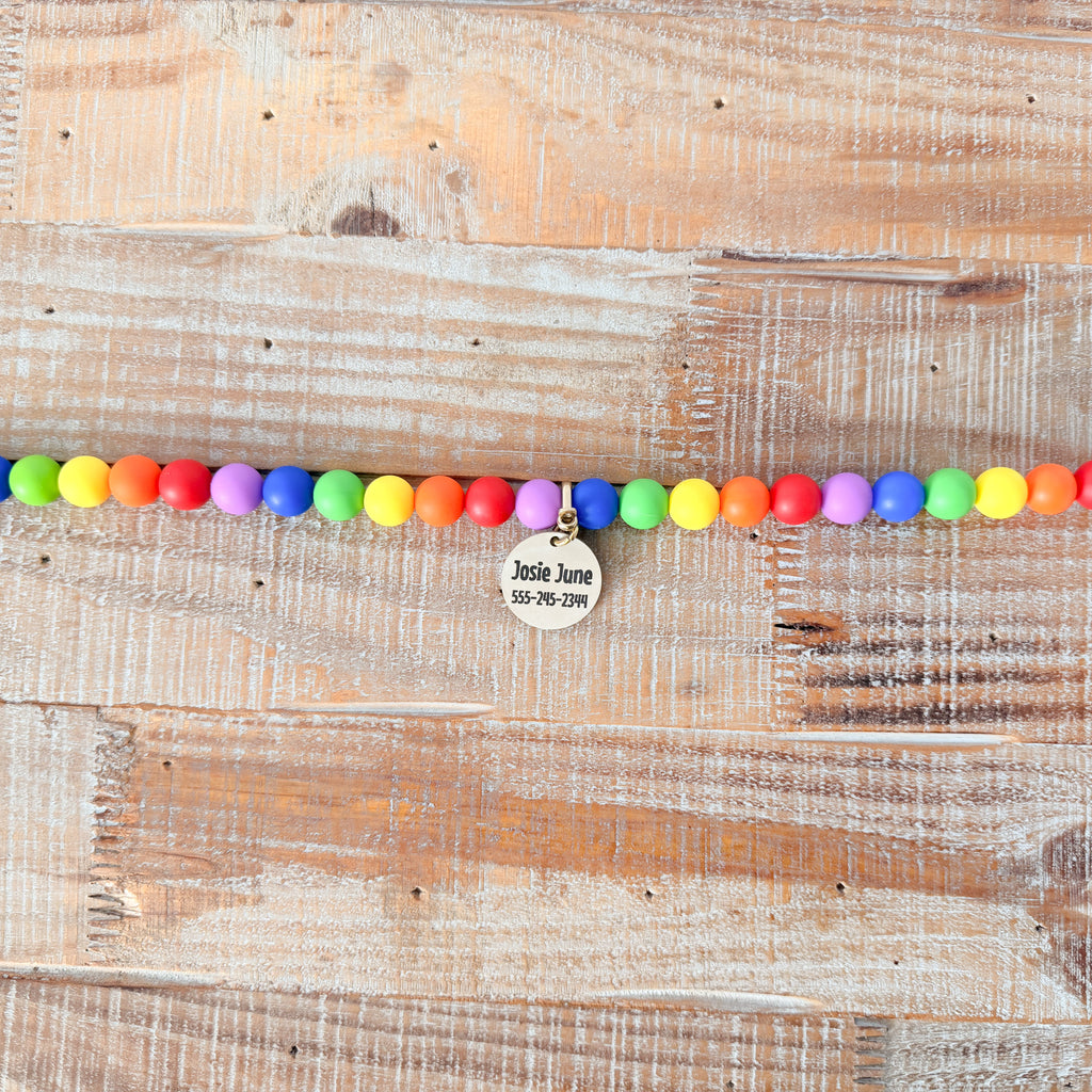 Bright Rainbow Dog Bead Necklace- Personalized ID Tag