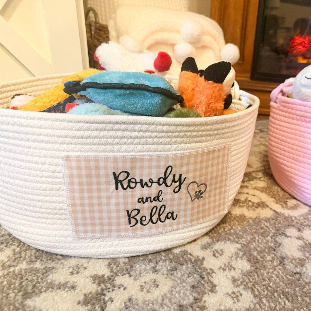 Personalized Cotton Rope Pet Toy Basket – Embroidered Name Storage Container