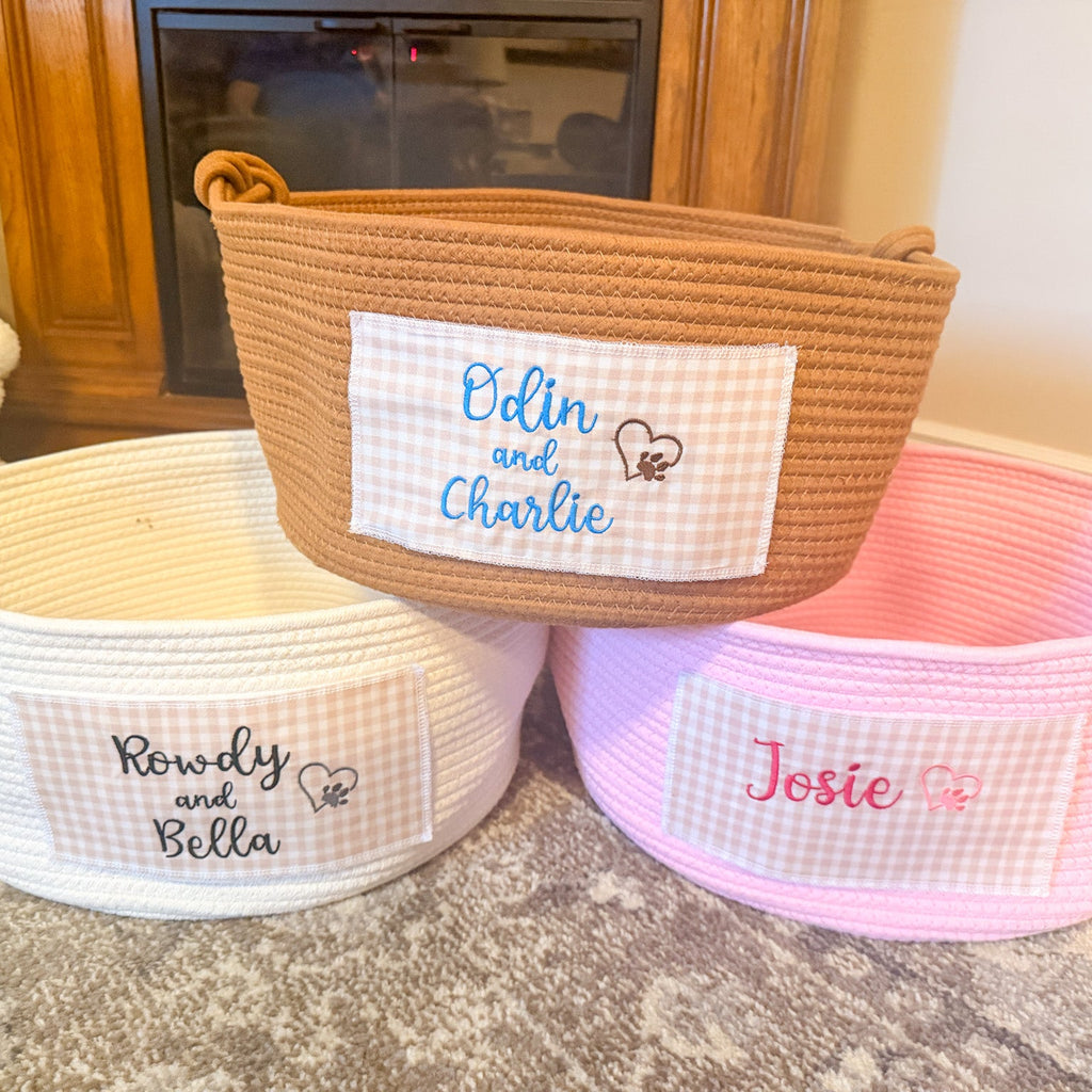 Personalized Cotton Rope Pet Toy Basket – Embroidered Name Storage Container