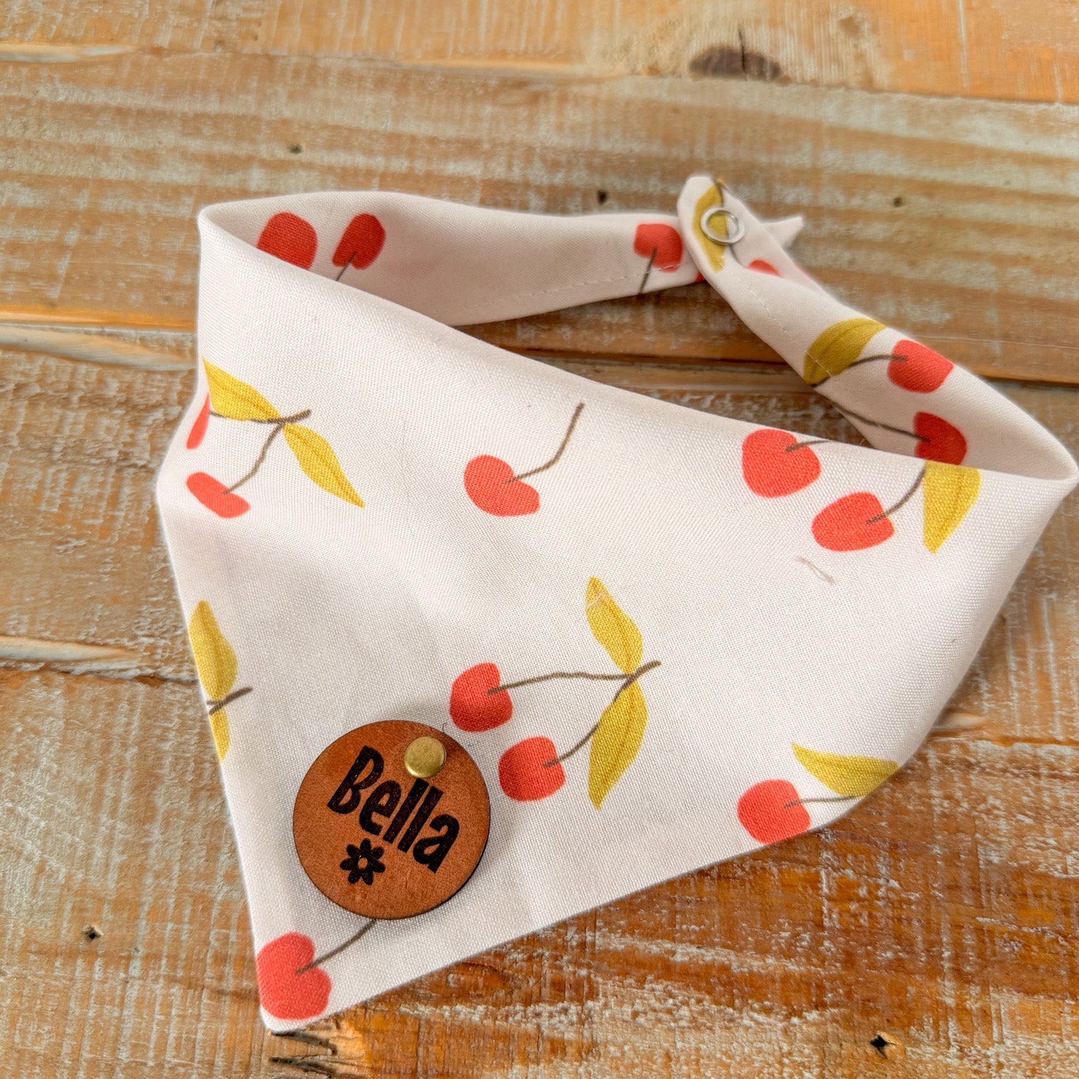 Cherries and Cream Personalized Pet Bandana with Leather Name Tag