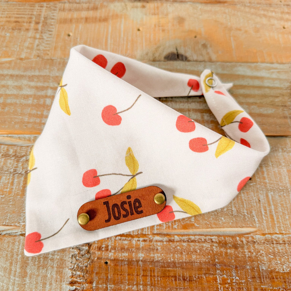 Cherries and Cream Personalized Pet Bandana with Leather Name Tag