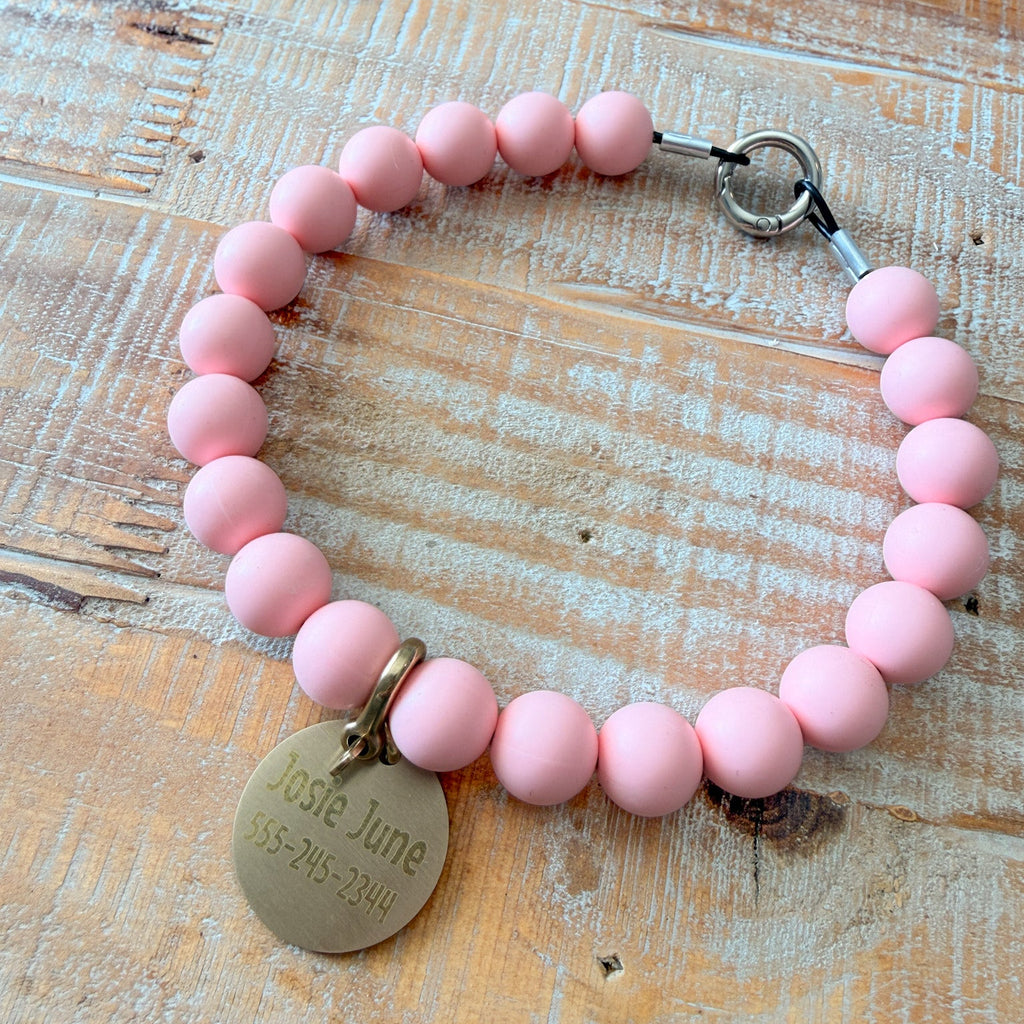 Light Pink Dog Bead Necklace- Personalized ID Tag