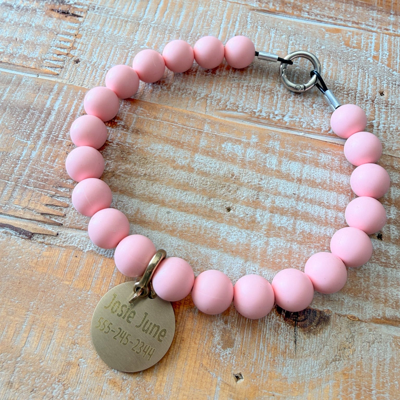 Light Pink Dog Bead Necklace- Personalized ID Tag
