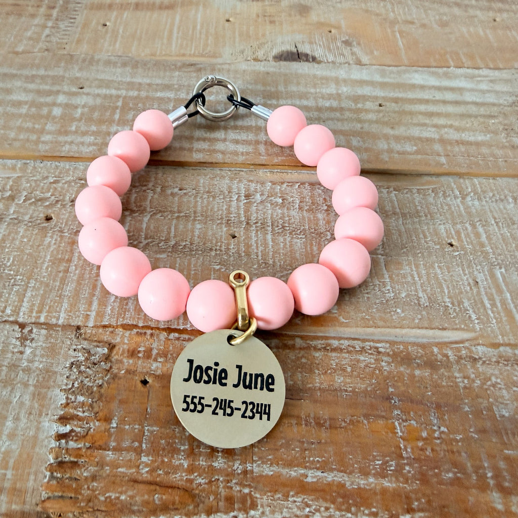 Light Pink Dog Bead Necklace- Personalized ID Tag