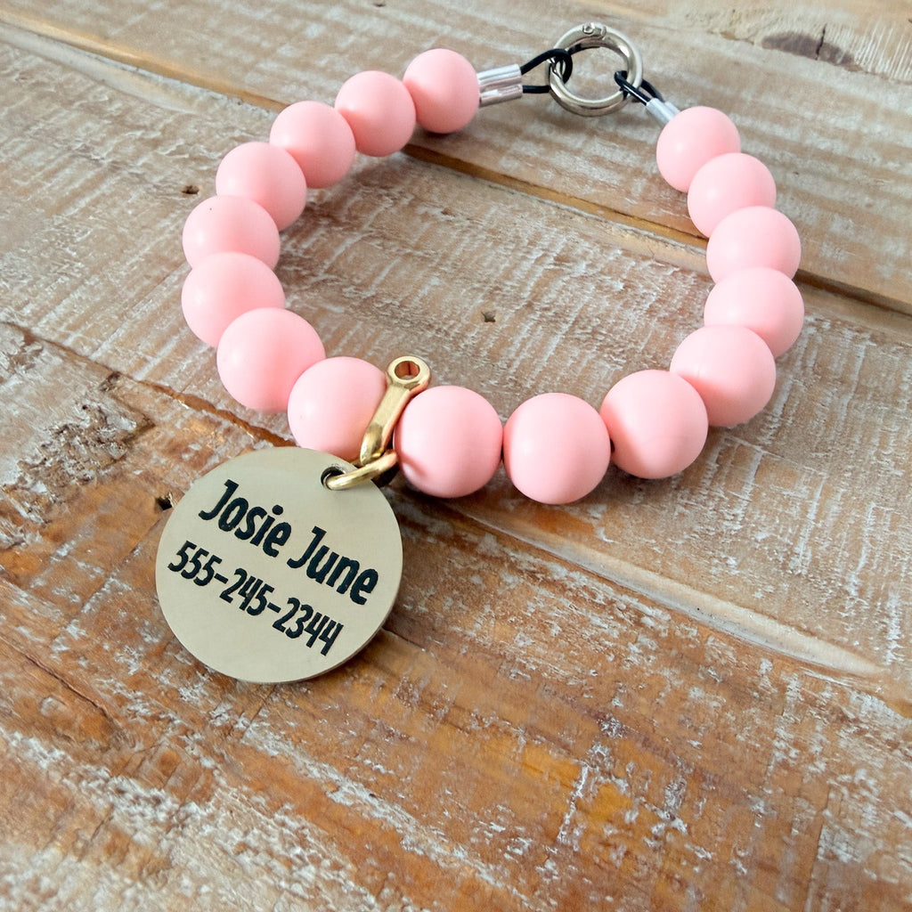 Light Pink Dog Bead Necklace- Personalized ID Tag