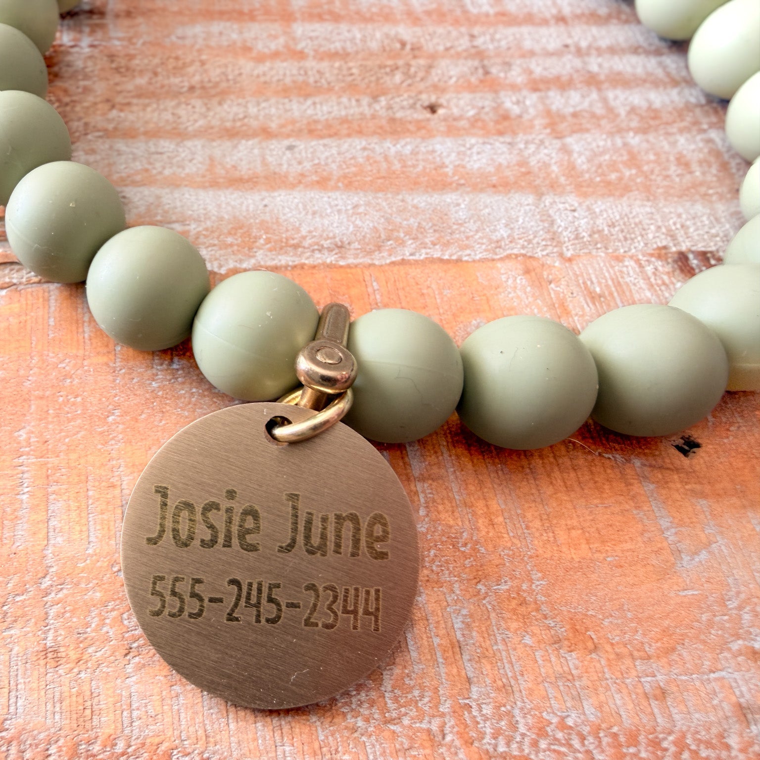Olive Dog Bead Necklace- Personalized ID Tag