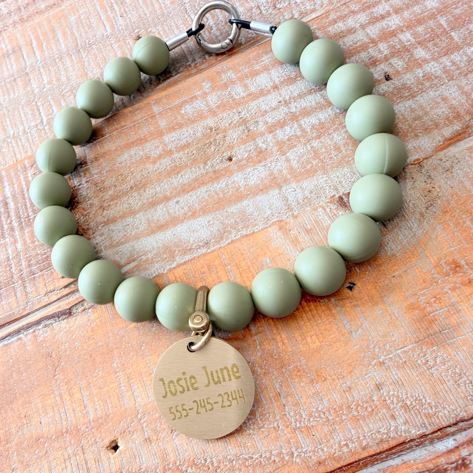 Olive Dog Bead Necklace- Personalized ID Tag