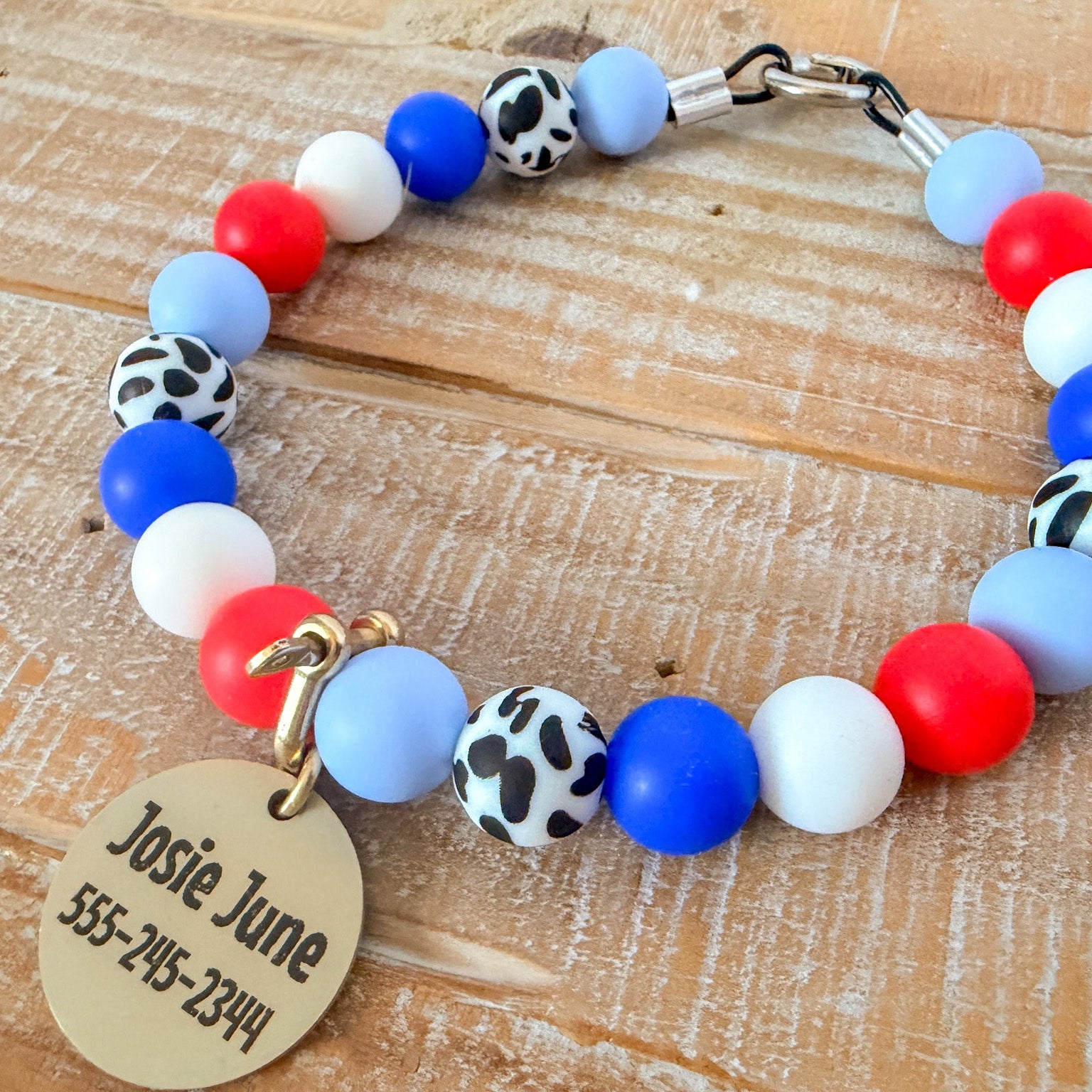 Patriotic Cow Print Bead Necklace with ID Tag