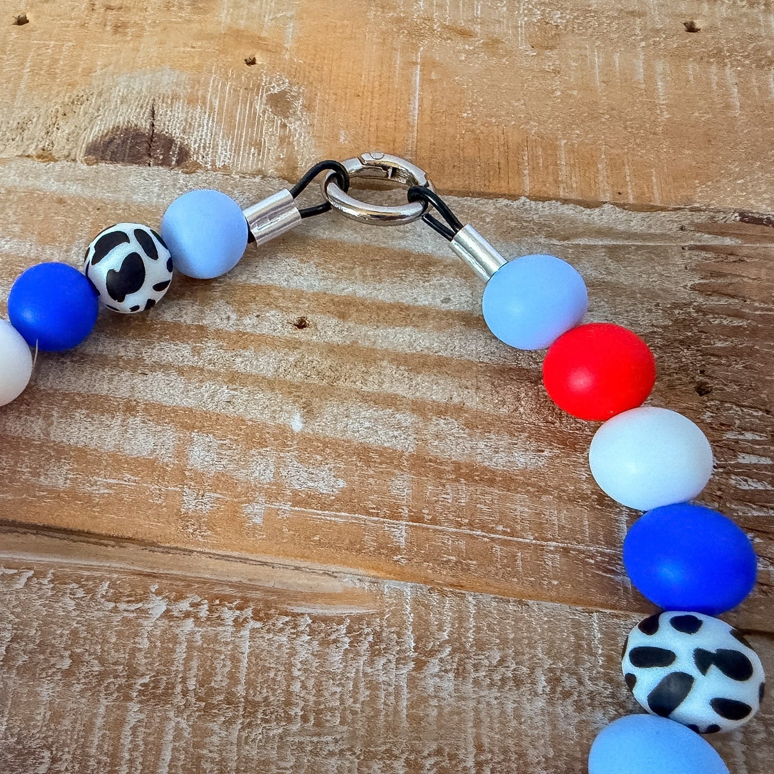 Patriotic Cow Print Bead Necklace with ID Tag