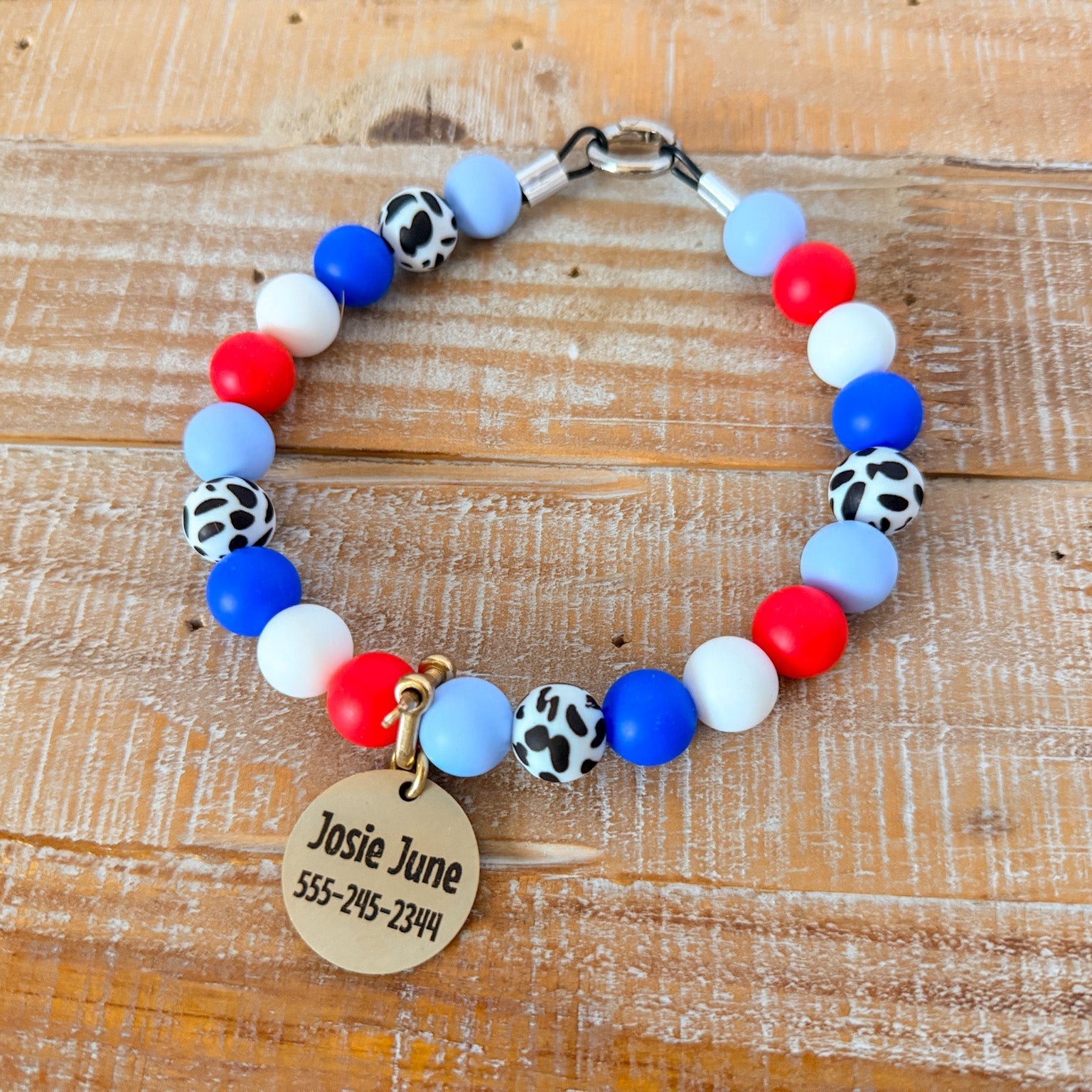 Patriotic Cow Print Bead Necklace with ID Tag
