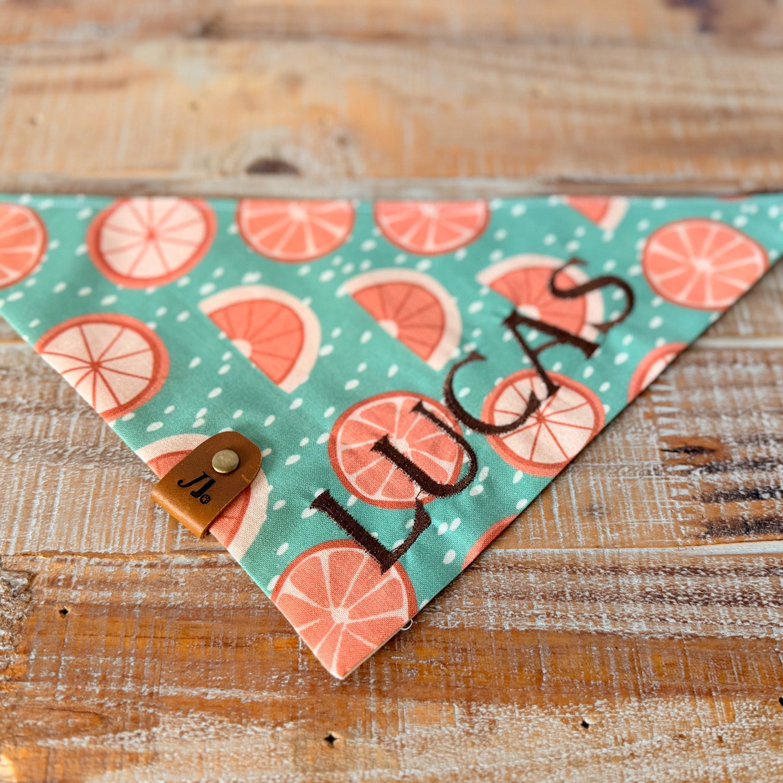 Pet bandana with pink citrus pattern and 'Lucas' printed on a wooden surface