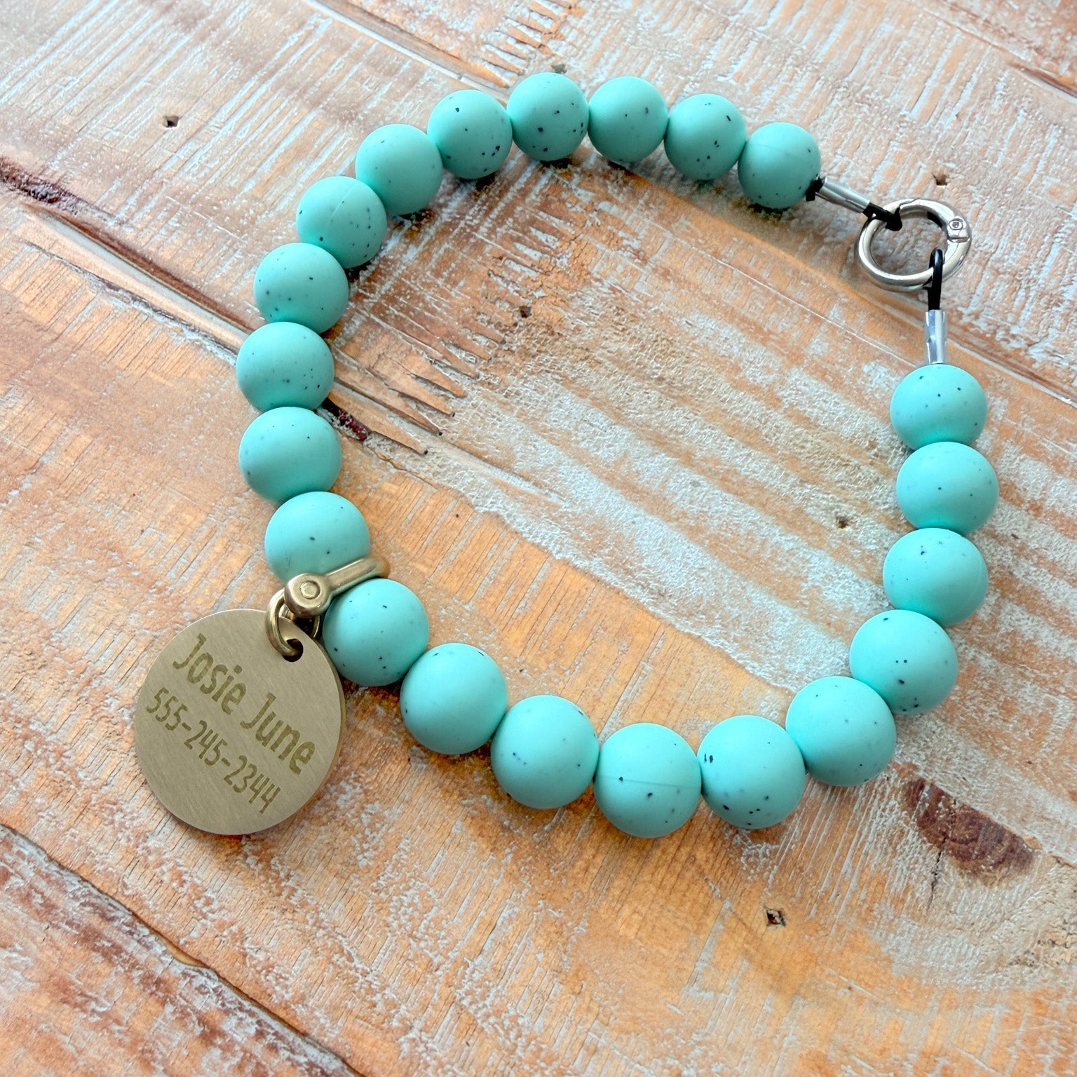 Teal Dog Bead Necklace- Personalized ID Tag