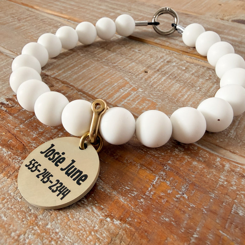 White Dog Bead Necklace- Personalized ID Tag