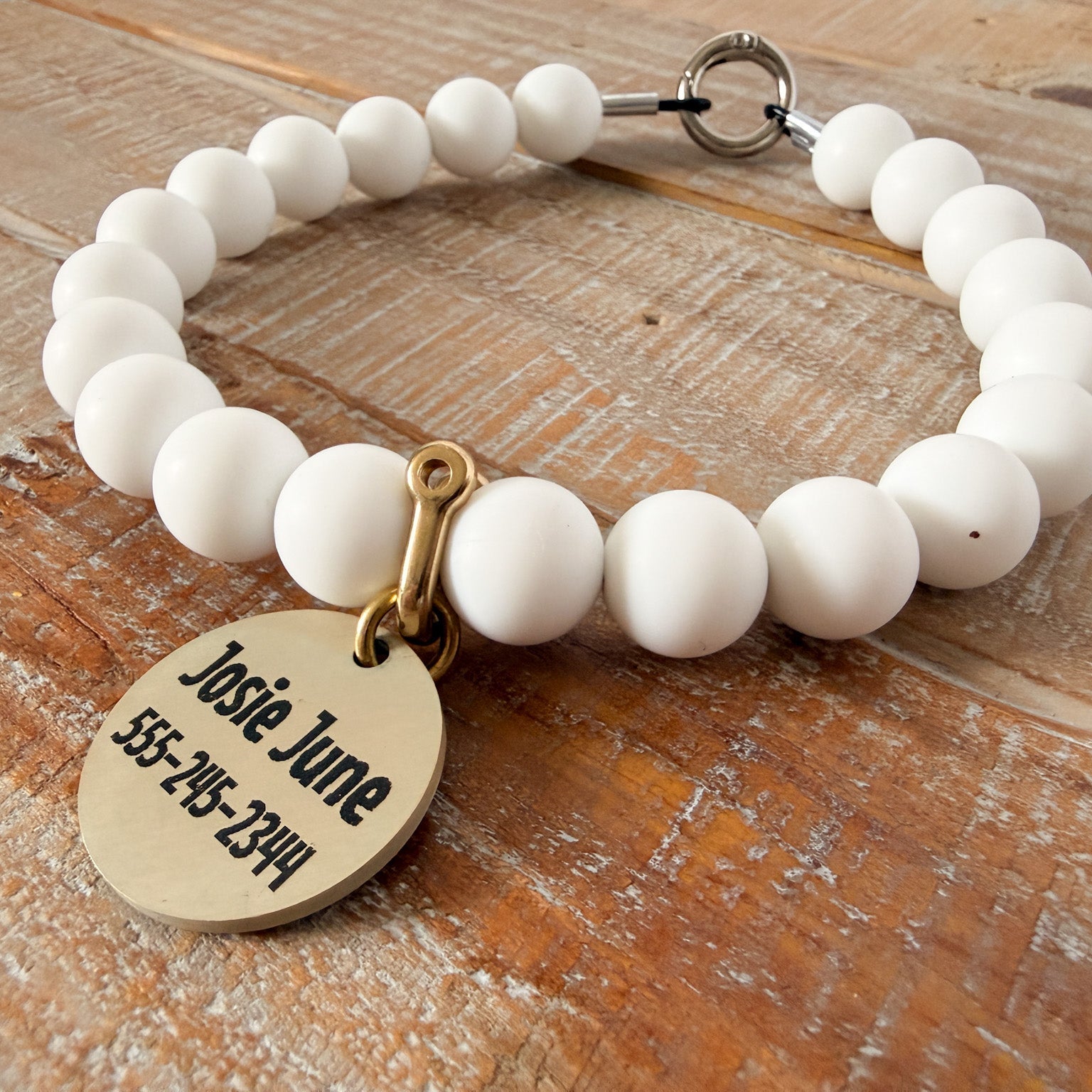 White Dog Bead Necklace- Personalized ID Tag