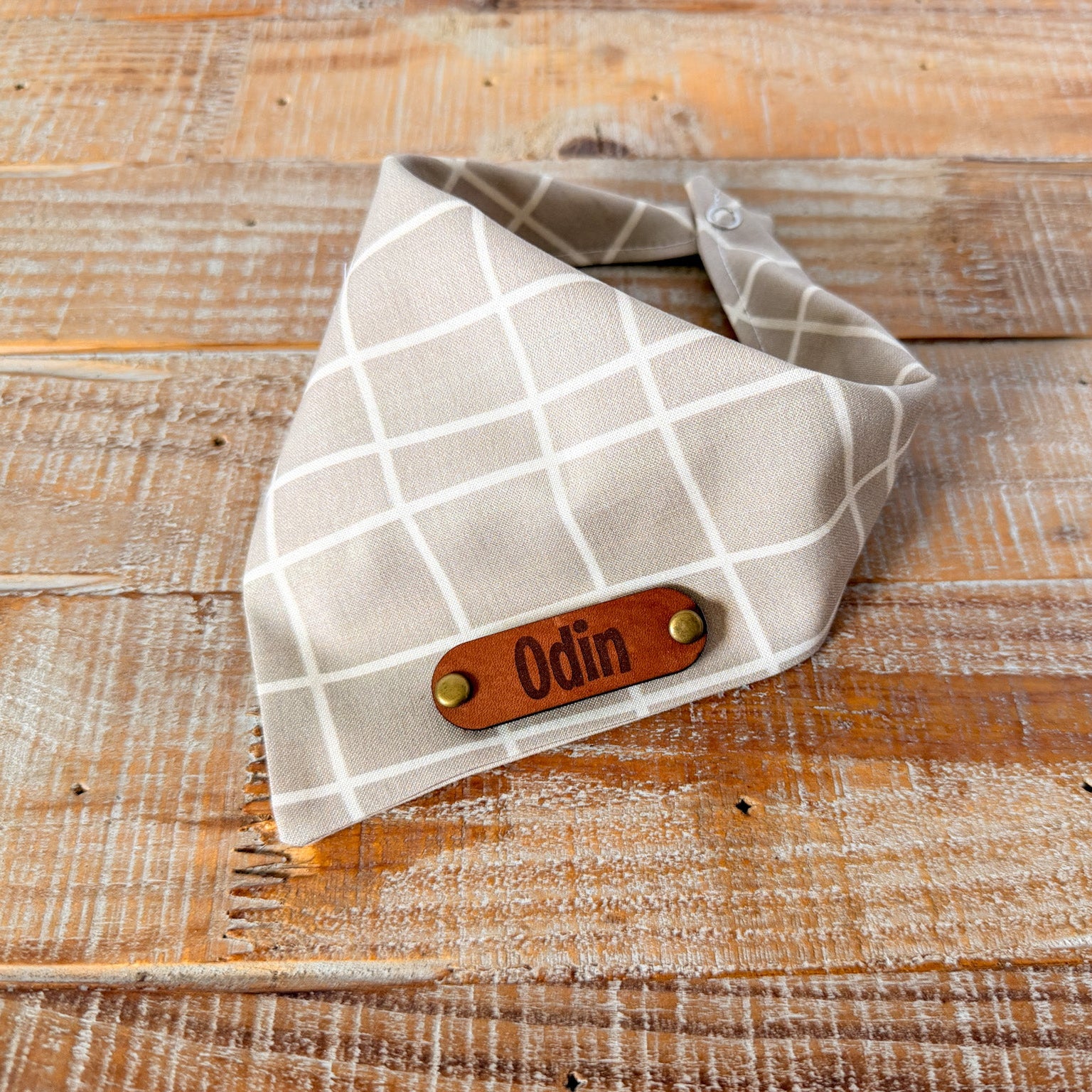 Woven Grey Personalized Pet Bandana with Leather Name Tag