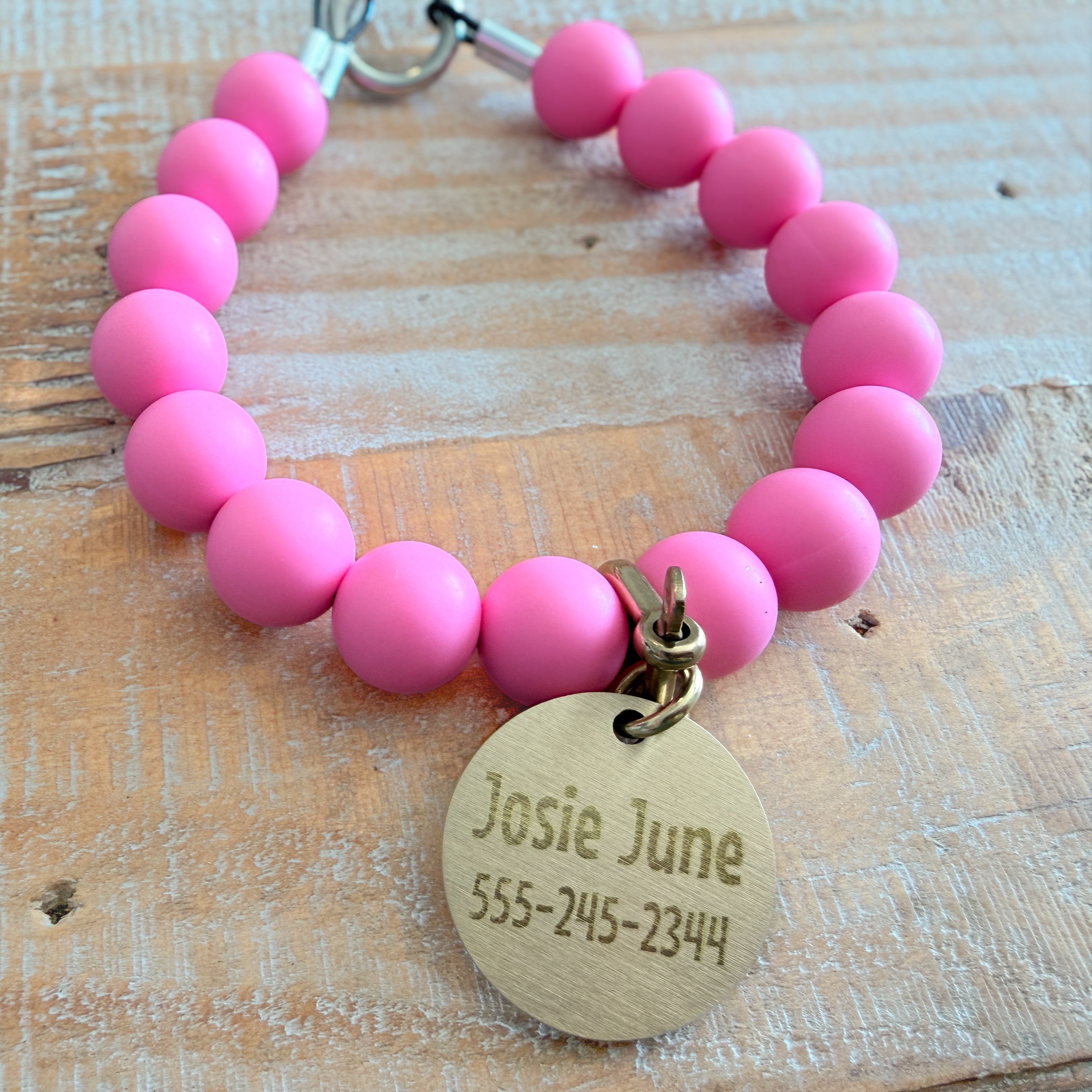 Bright Pink Dog Bead Necklace- Personalized ID Tag