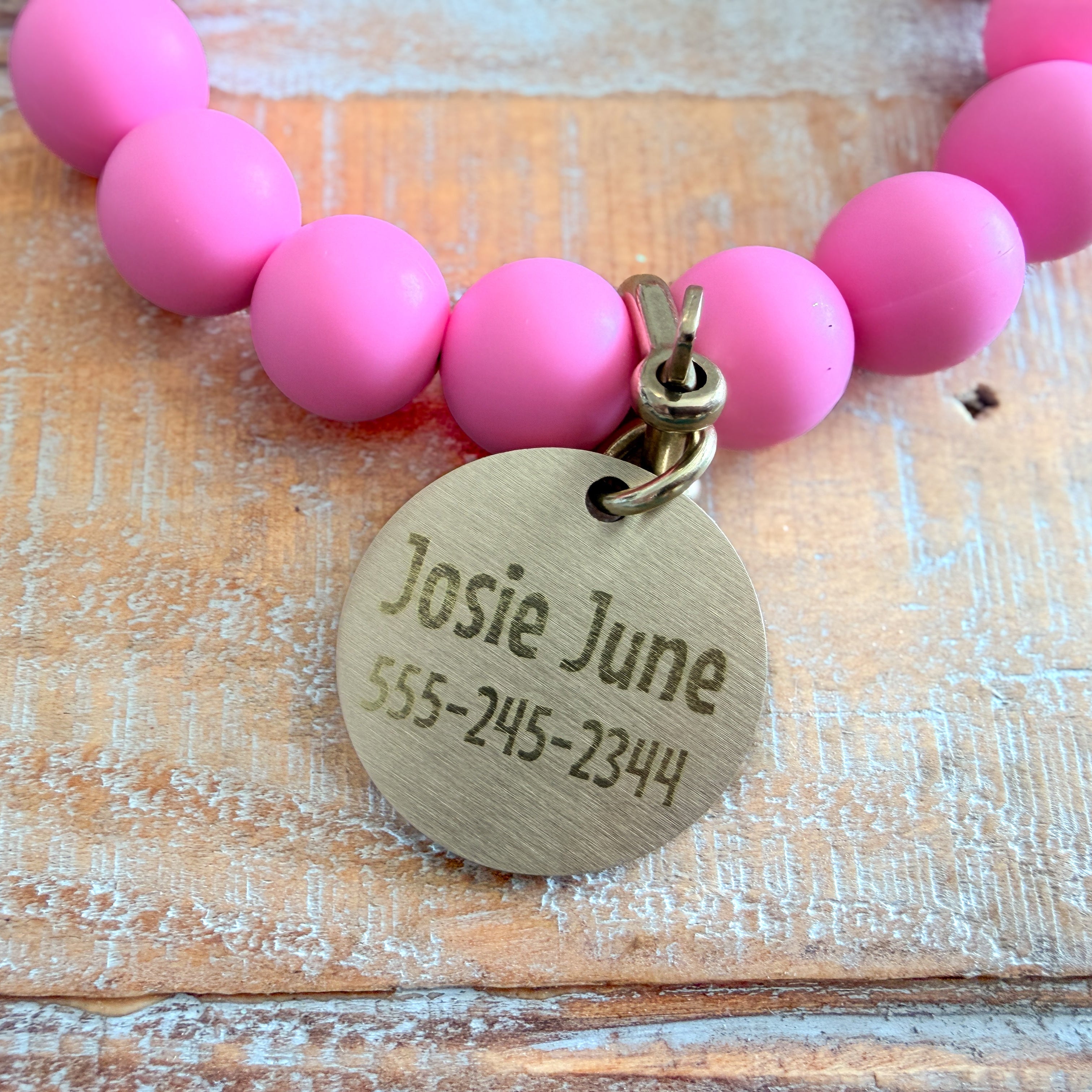 Bright Pink Dog Bead Necklace- Personalized ID Tag