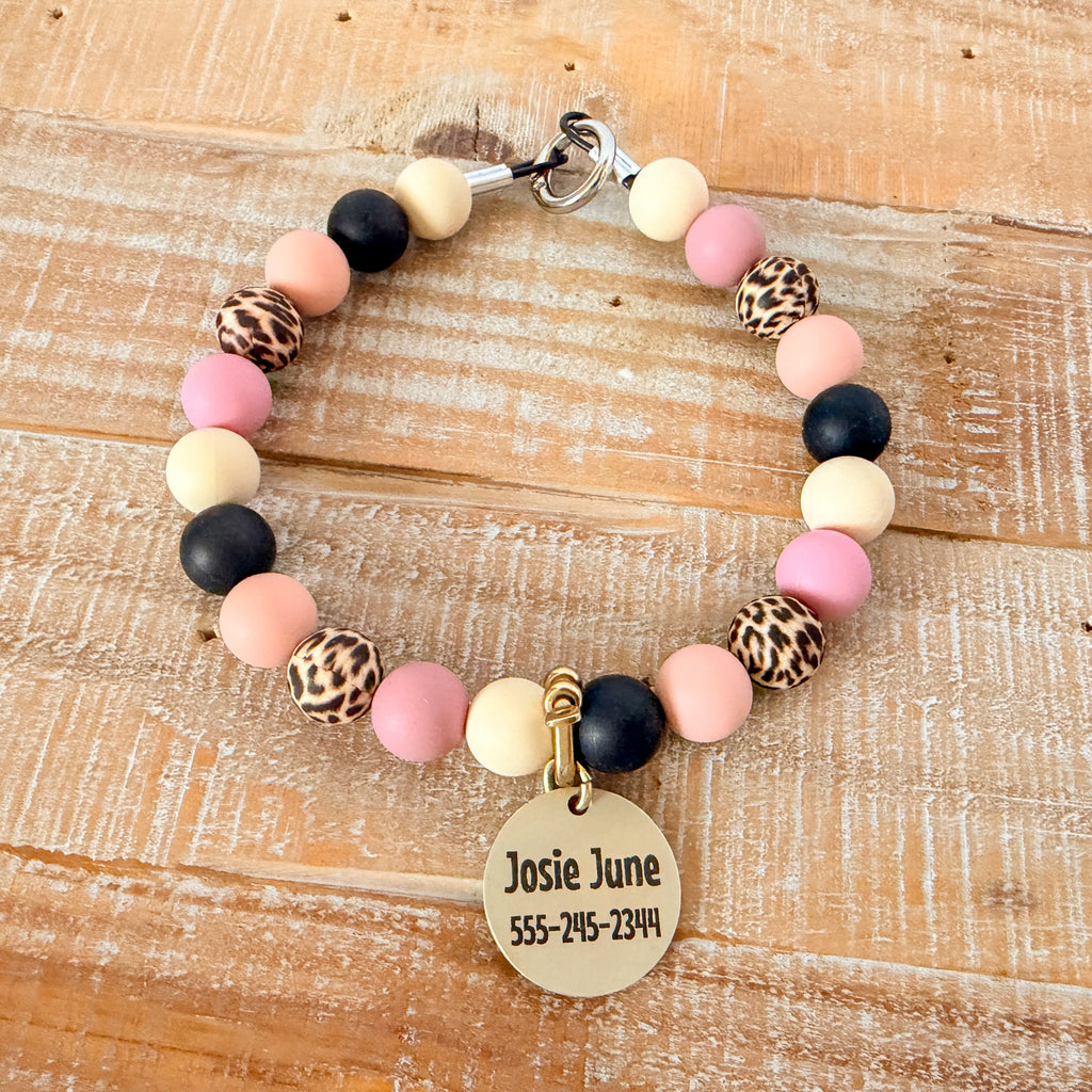 Pink Cheetah Bead Necklace with ID Tag