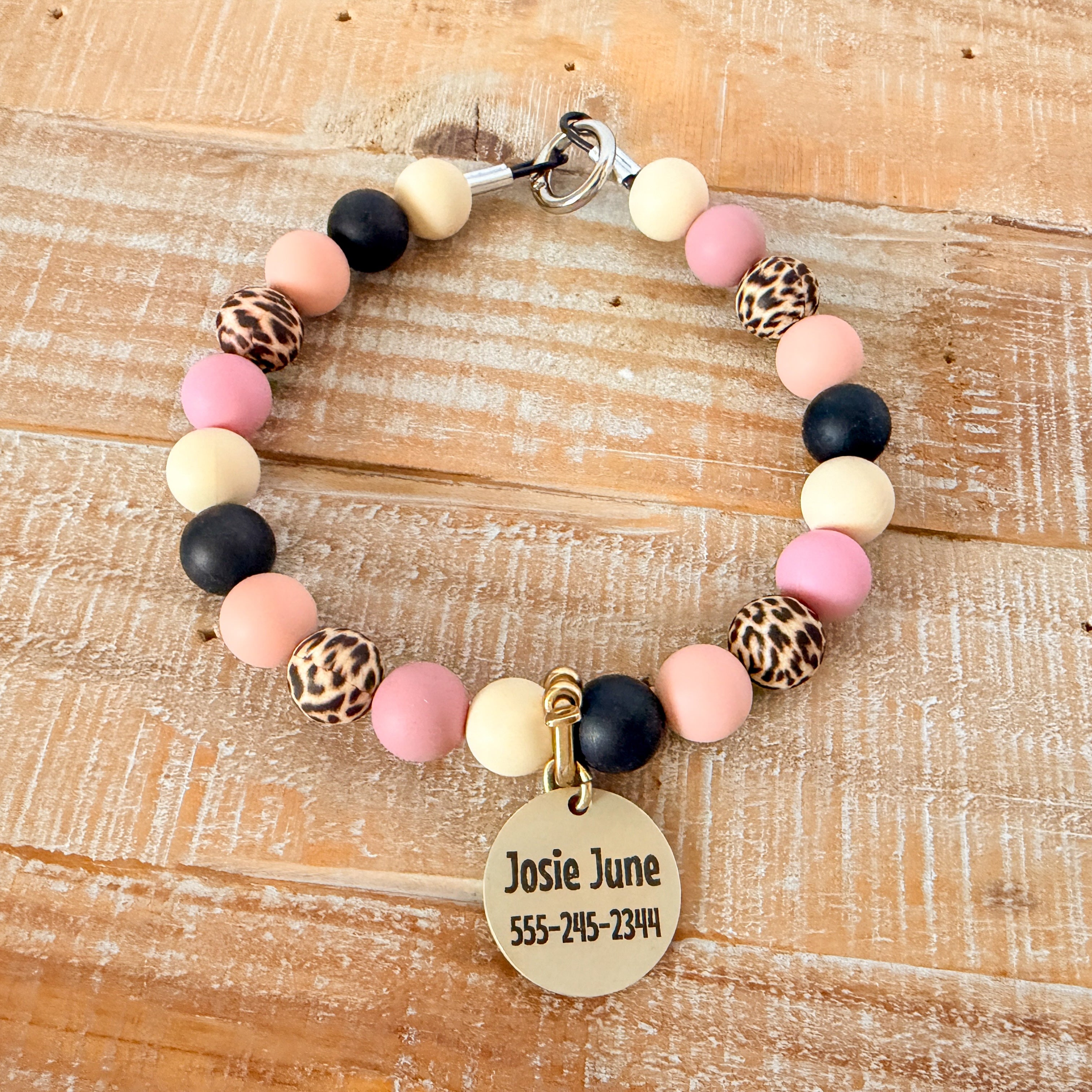 Pink Cheetah Bead Necklace with ID Tag